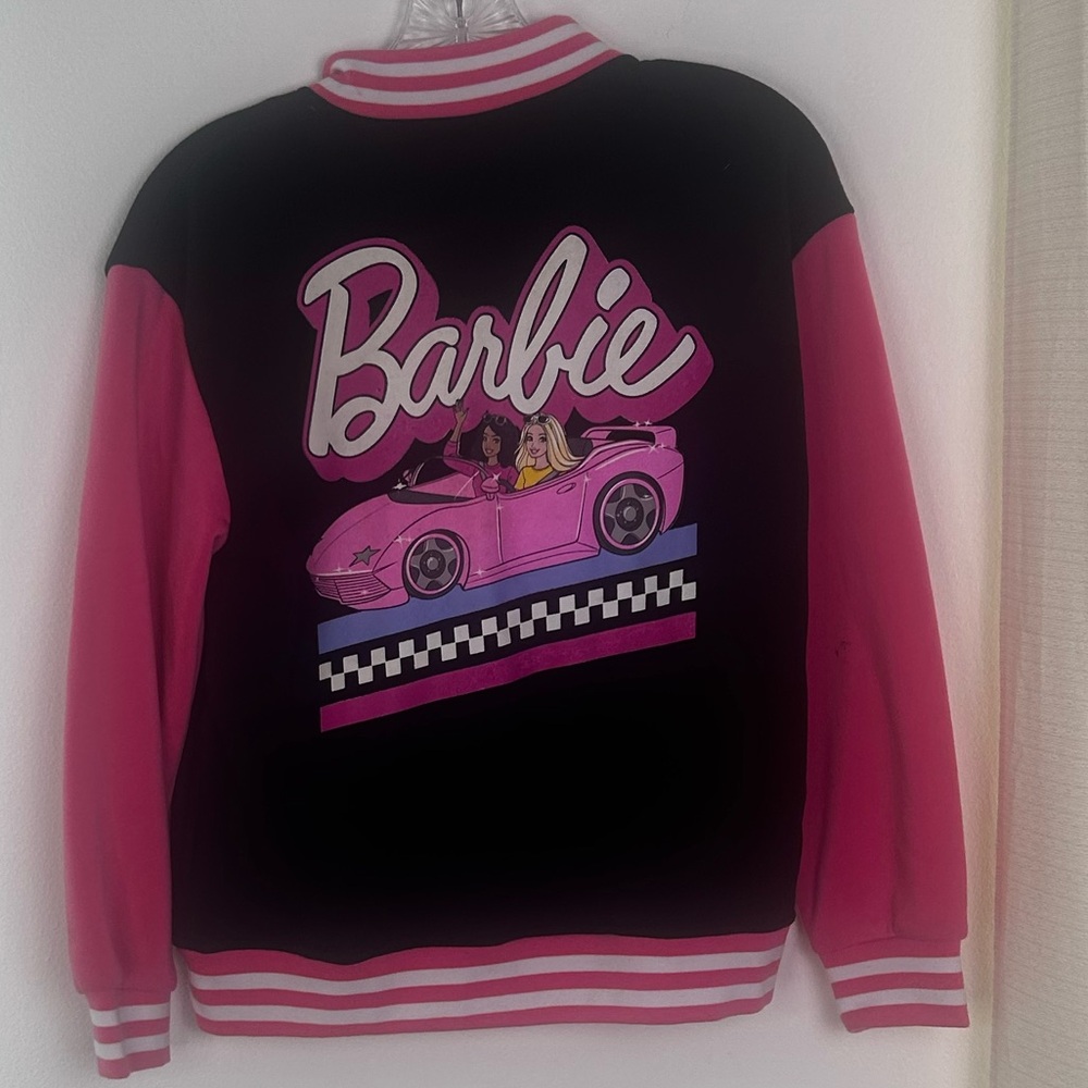 NWT Barbie BIG Girls Pink Black Snap Up Bomber Jacket SZ 14/16 California Racing